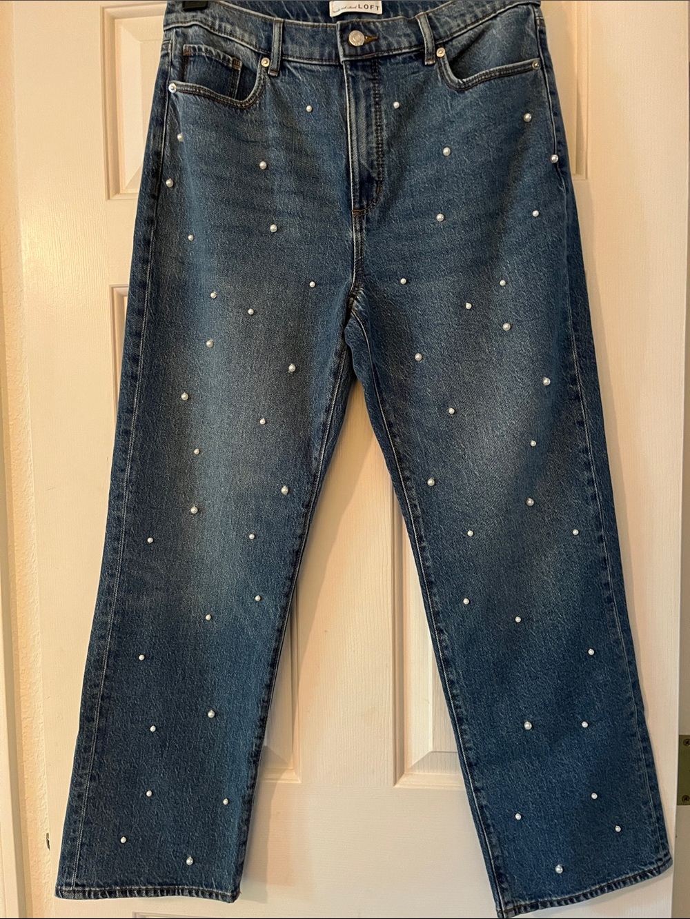 LOFT Dark Blue Pearl-Embellished Wide Leg Jeans